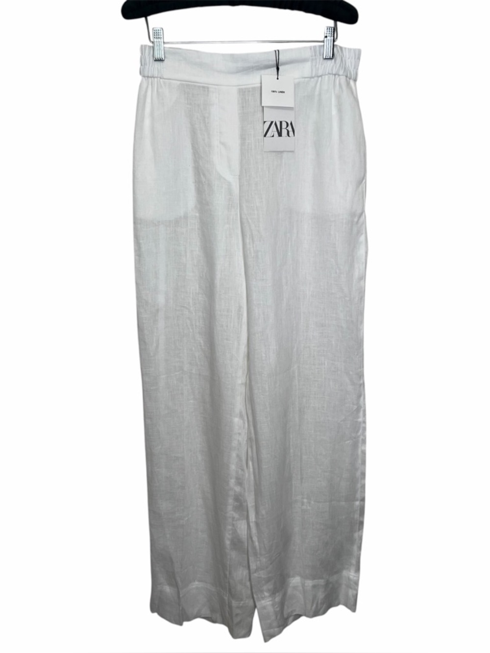 ZARA Bright White Linen Pull On Trousers Womens Sz M Wide Leg Coastal Beachy